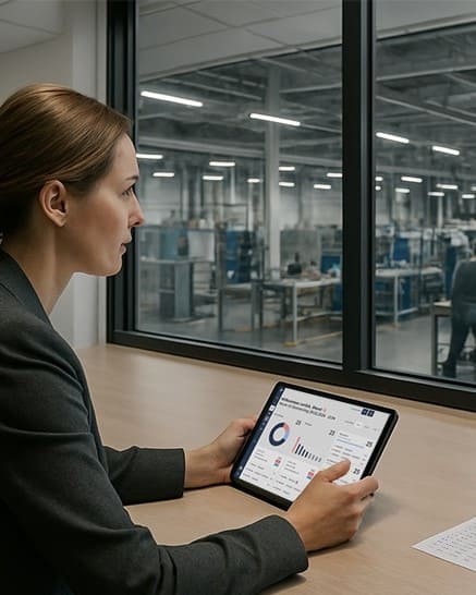 Frau in Anzug sitzt an einem Tisch und betrachtet ein Tablet mit Datenanalysen, während sie auf eine Produktionshalle blickt, in der Mitarbeiter an Fertigungsstationen arbeiten.