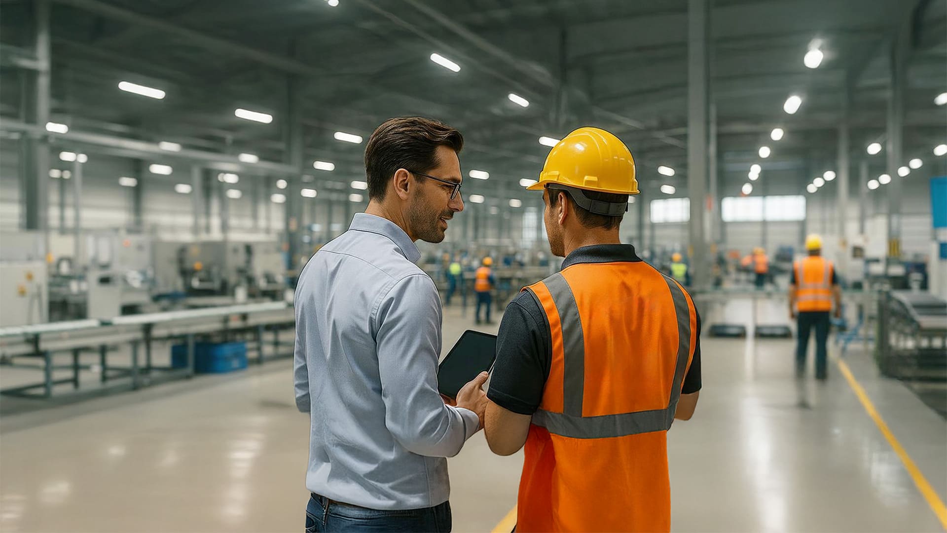 Personen stehen in Produktionshalle und reden.