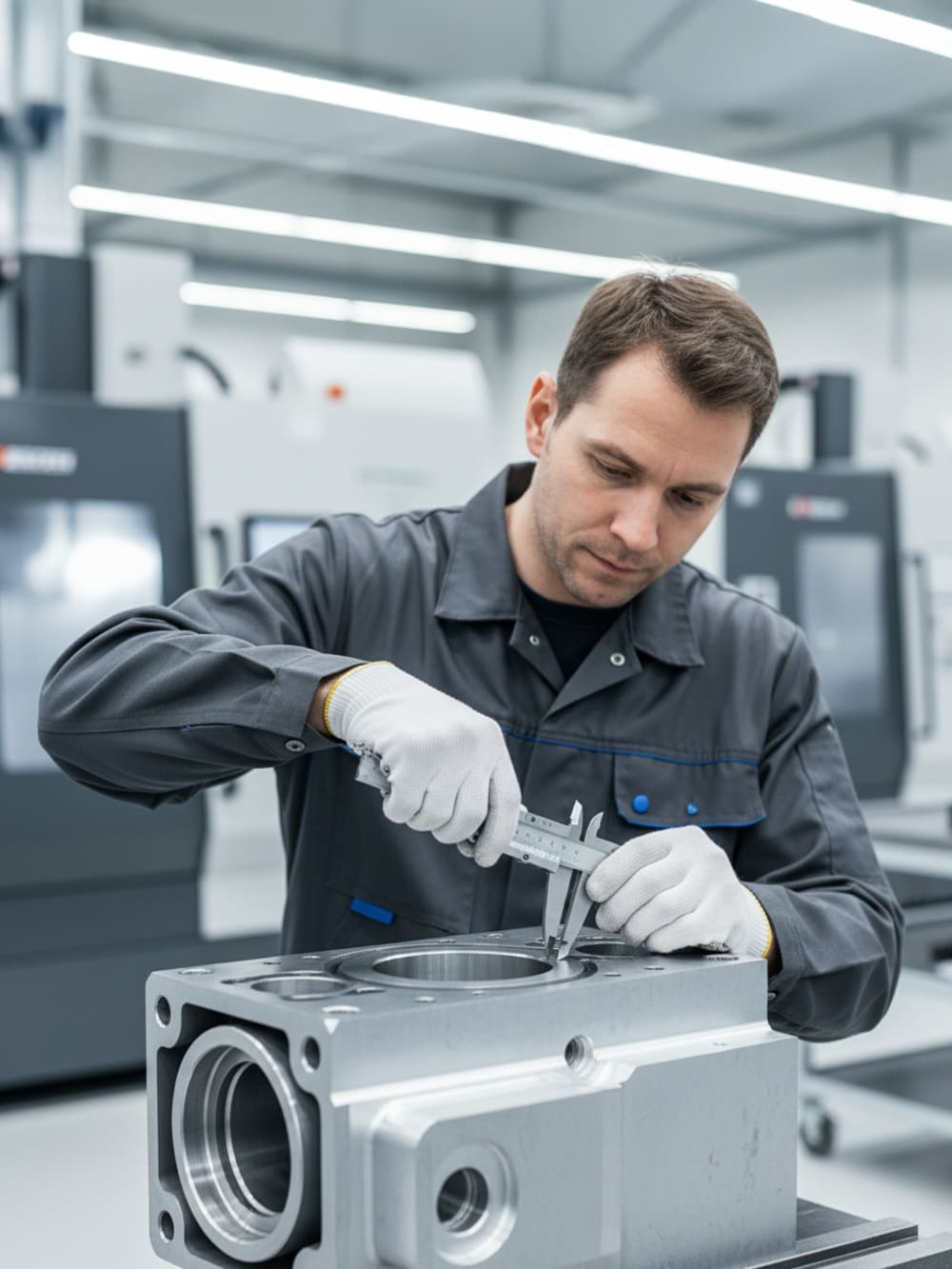 Ein Mann in Handschuhen und Arbeitskleidung misst mit einem Messschieber sicherheitsrelevante Ventilblöcke in einer modernen Industriewerkstatt.