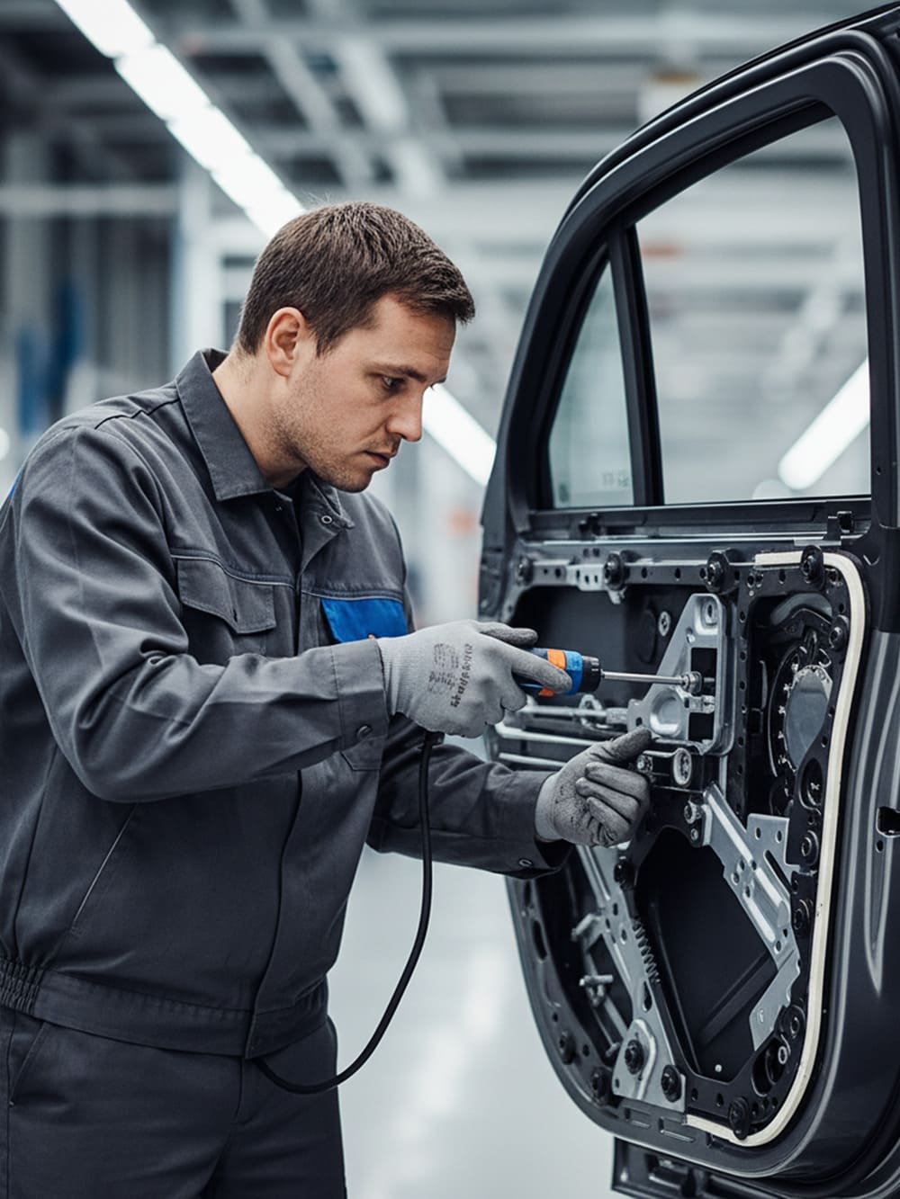 Ein Mechaniker in Handschuhen und grauer Uniform repariert die Innenseite einer Autotür mit einem Elektrowerkzeug.