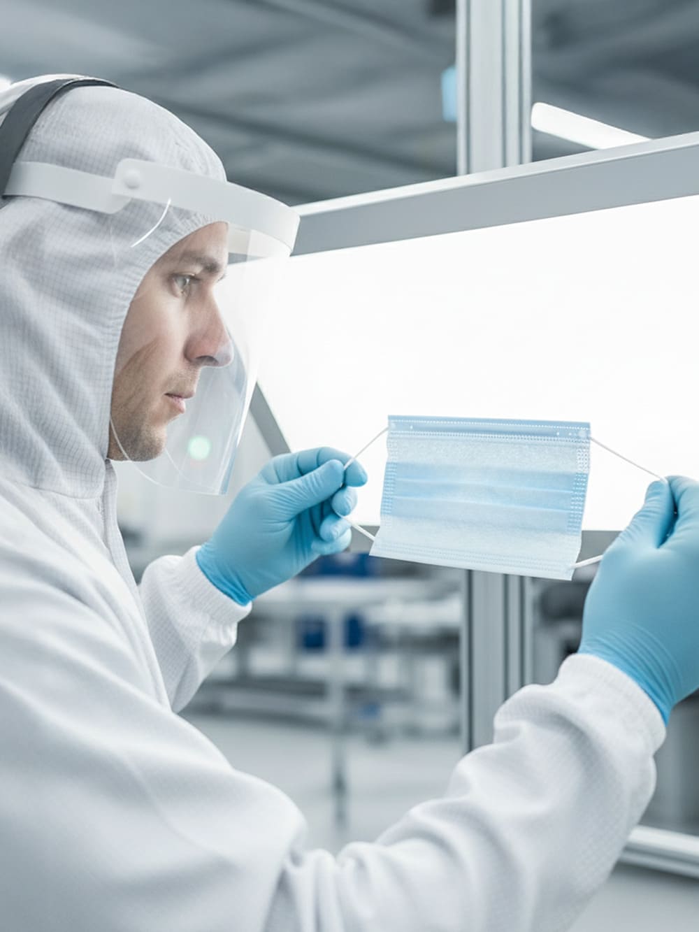 Eine Person in Schutzkleidung, Handschuhen und mit Gesichtsschutz prüft eine blaue Maske in einer Reinraum-Umgebung.