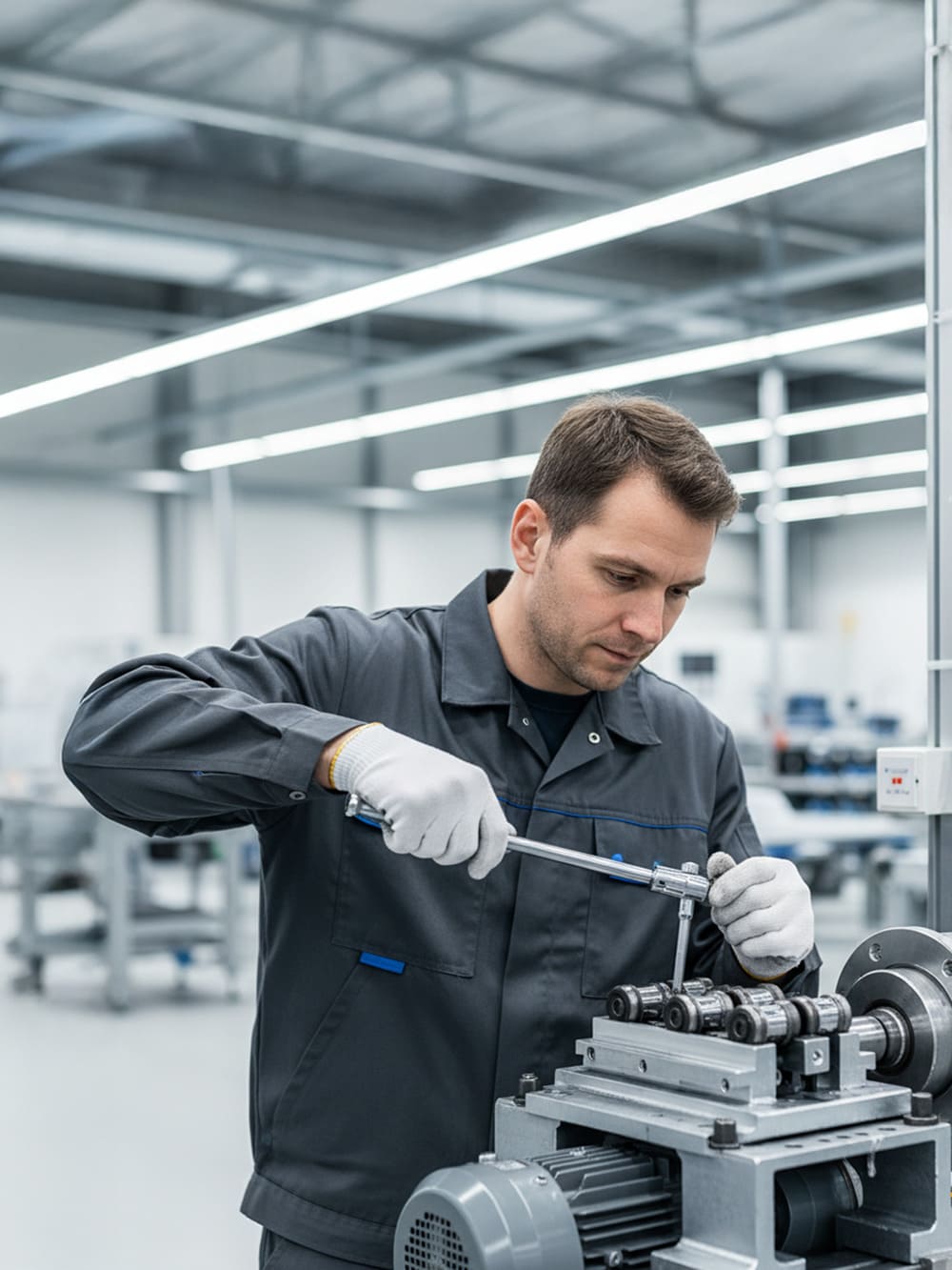 Ein Mann in Handschuhen und dunkler Arbeitskleidung benutzt einen Schraubenschlüssel, um in einer hell erleuchteten Industriehalle Führungseinheiten einzustellen.