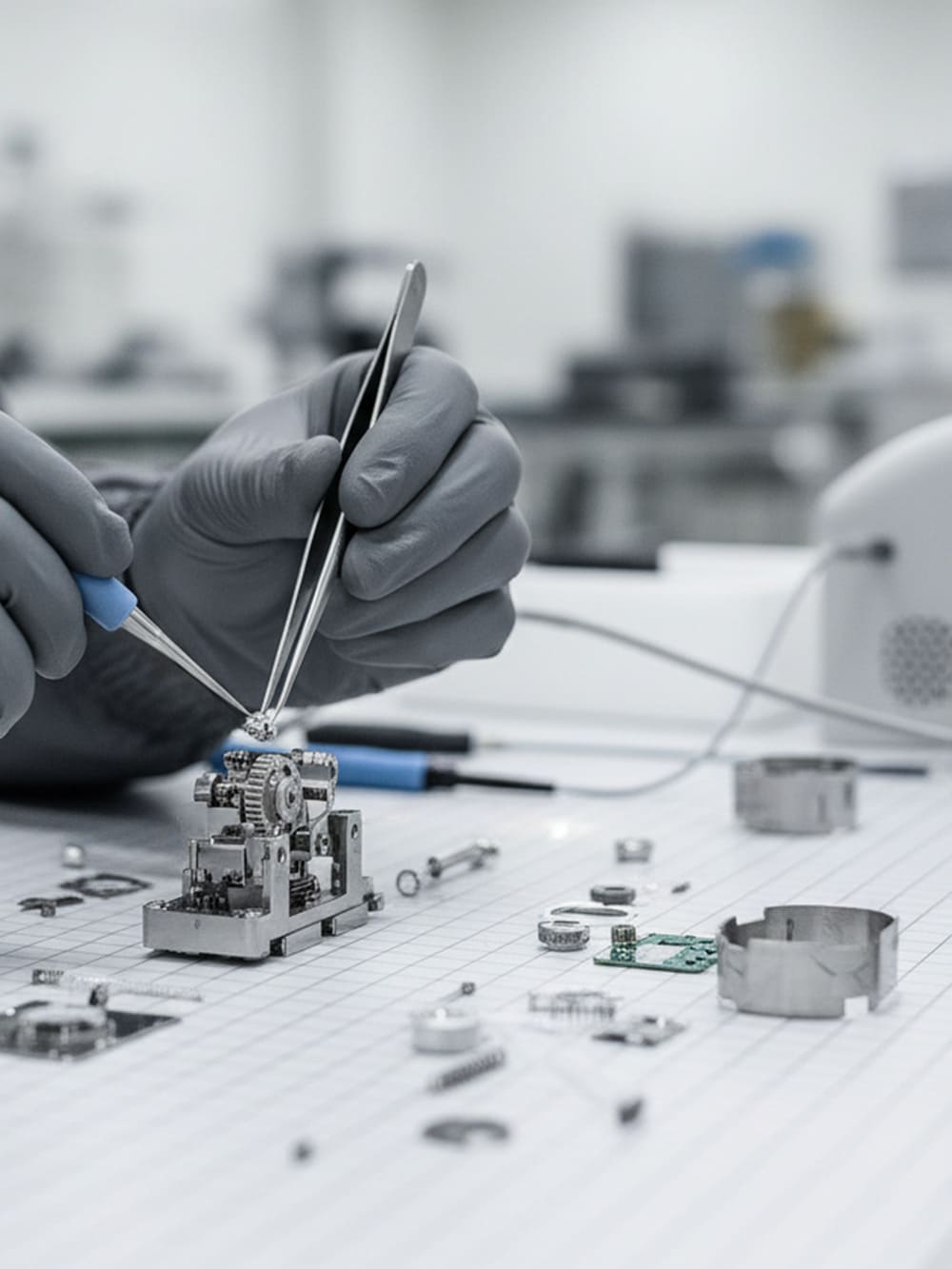 Eine Person mit grauen Handschuhen setzt mit einer Pinzette kleine Metallteile und Zahnräder auf einer Werkbank zusammen.