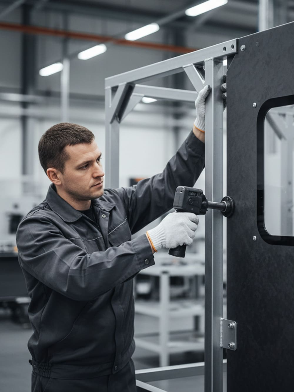 Ein Mann in Arbeitskleidung setzt in einer modernen Industriewerkstatt mit einer Bohrmaschine einen Metallrahmen von Trennwandsystemen zusammen.