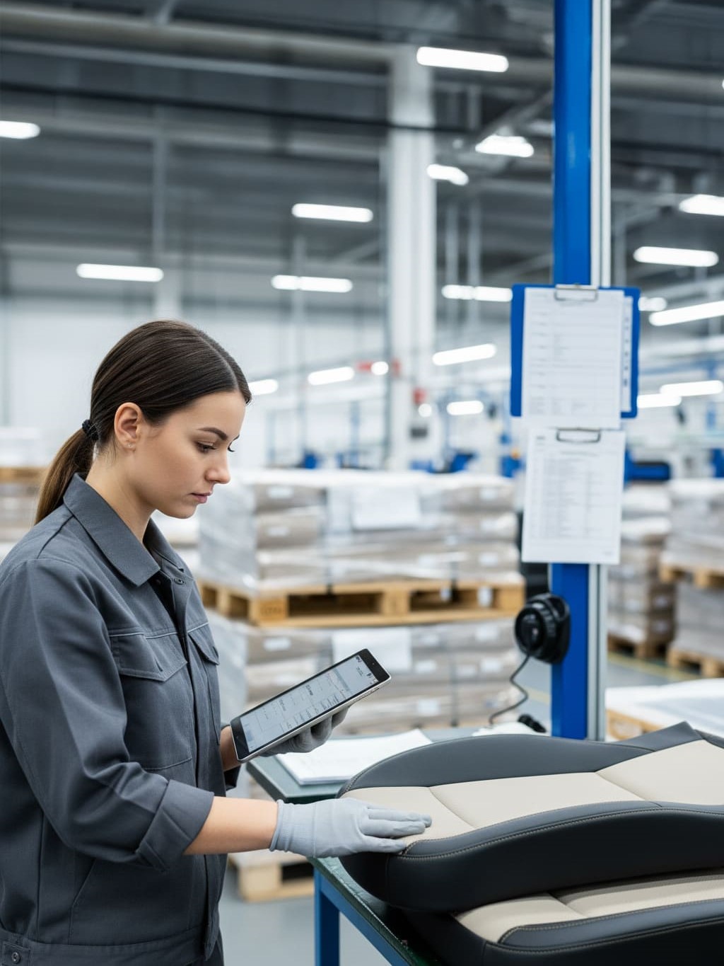 Eine Frau in Arbeitskleidung und Handschuhen prüft in einer Fabrik ein Autositzteil und hält ein Tablet in der Hand.