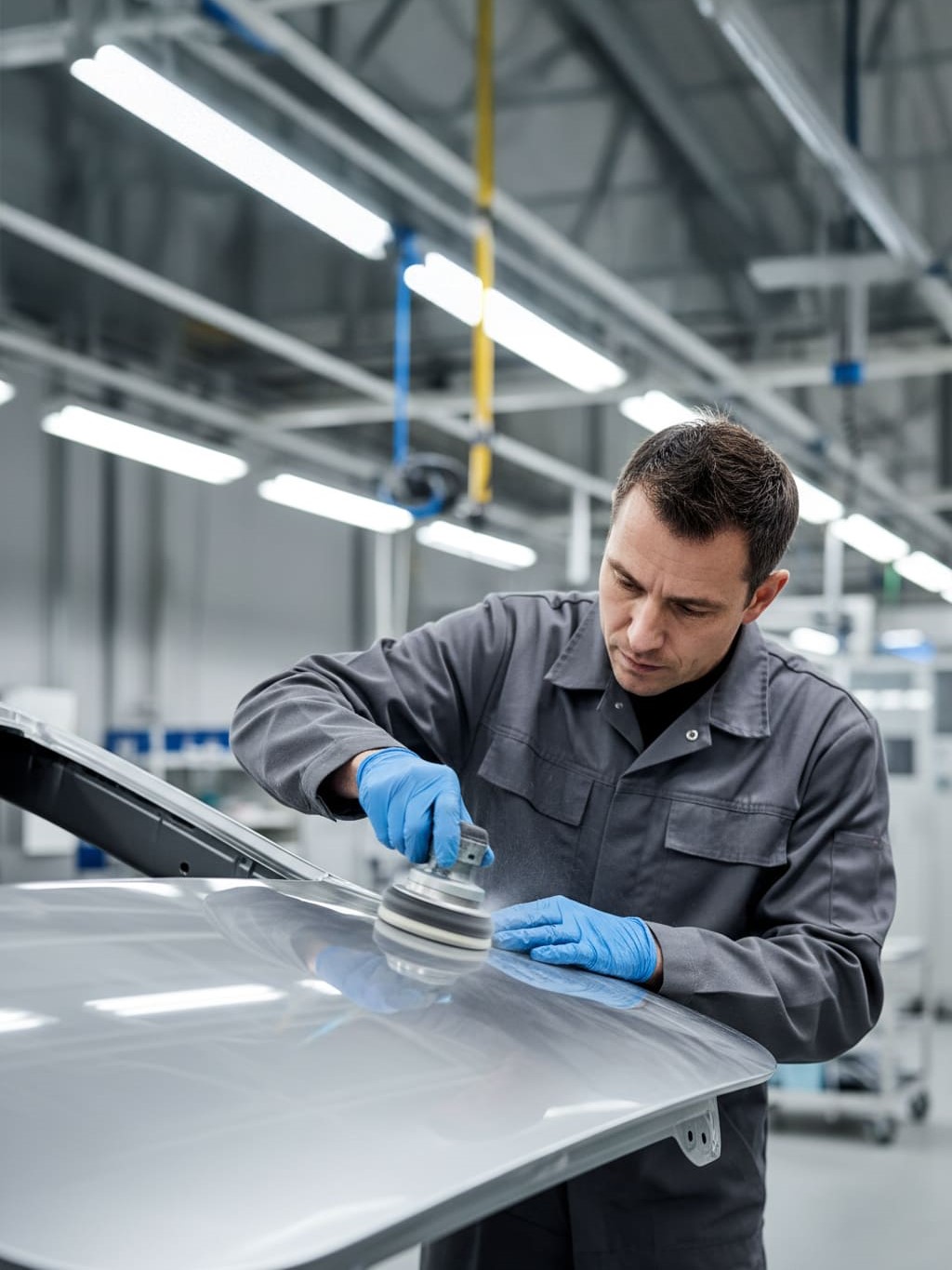 Ein Mann in einem grauen Overall und blauen Handschuhen bearbeitet eine Motorhaube mit einem Polierwerkzeug.
