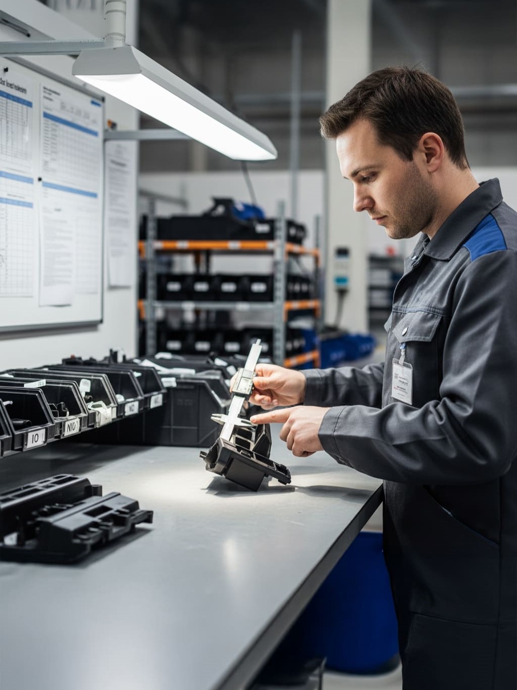 Ein Mann in einem Arbeitsoverall misst mit einem Messschieber ein schwarzes Kunststoffteil an einem Arbeitsplatz.