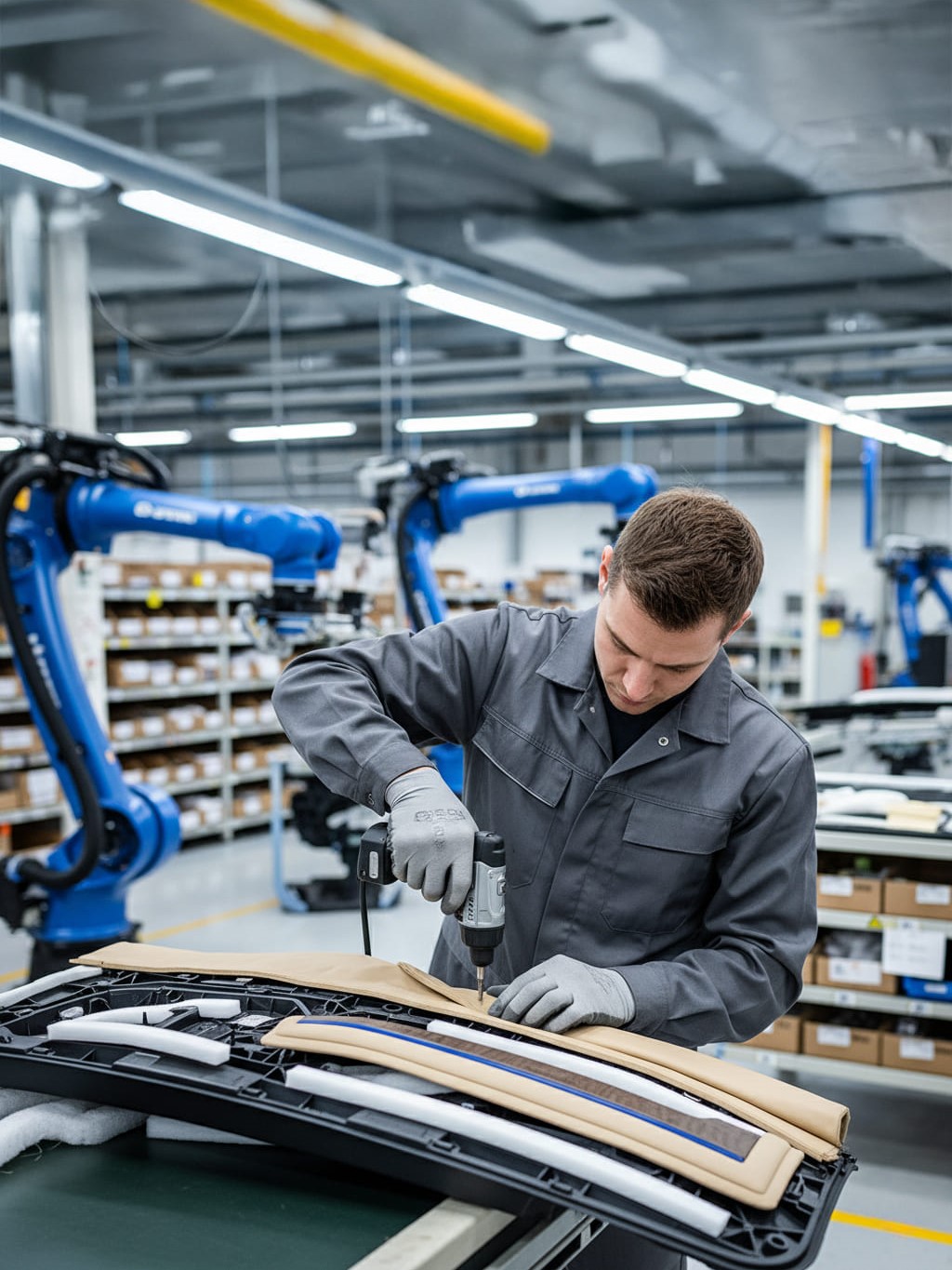 Ein Mann in grauer Arbeitskleidung und Handschuhen montiert mit einem Elektrowerkzeug ein Bauteil in einer modernen Fabrik.