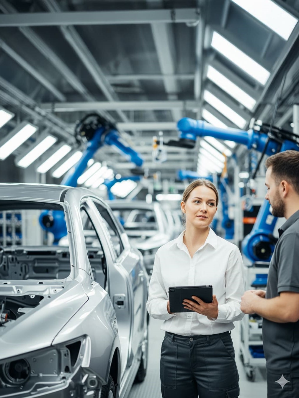 Eine Frau, die ein Tablet in der Hand hält, unterhält sich mit einem Mann neben einem teilweise montierten Auto in einer modernen Automobilfabrik.