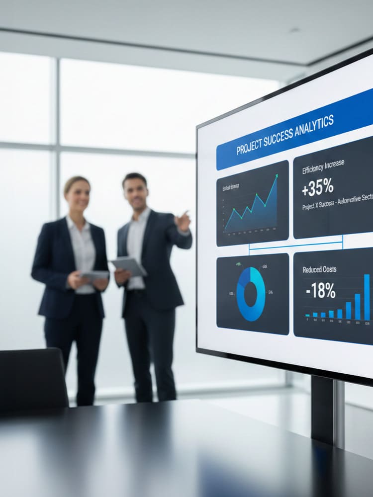 Zwei Geschäftsleute stehen in einem Büro und sehen sich eine Präsentation auf einem großen Bildschirm an.